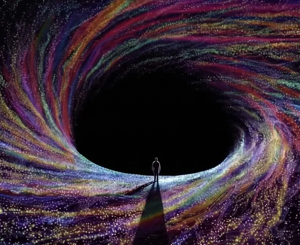 A lone figure standing at the edge of a swirling, multicolored cosmic vortex