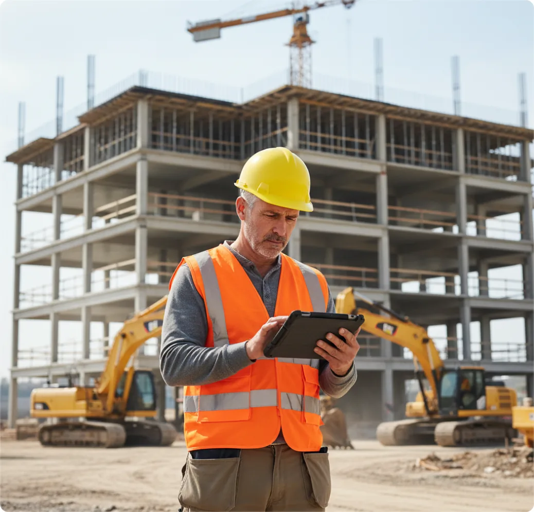 A construction worker entering time on a rugged tablet on site