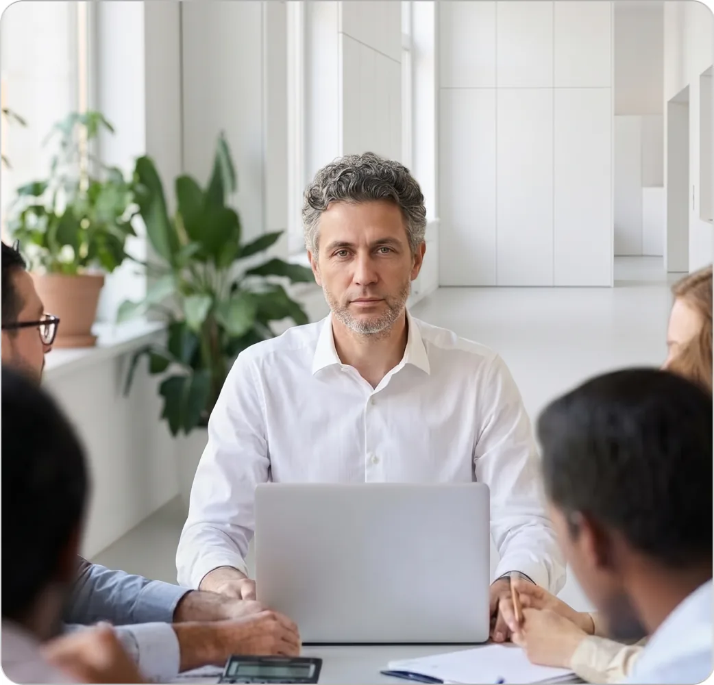 A team meeting around a laptop in an office