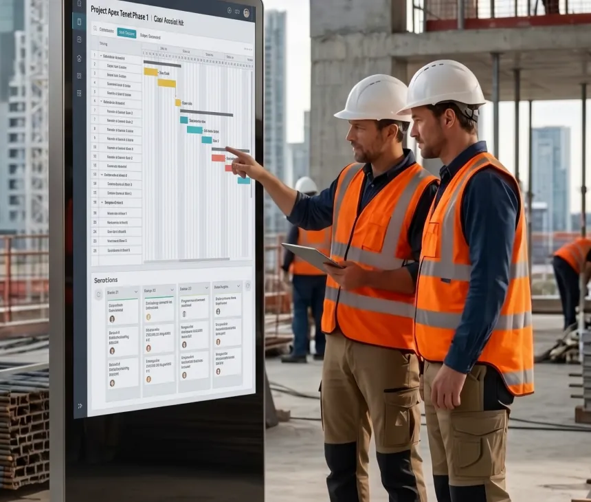 Two site supervisors reviewing a project schedule on a large screen