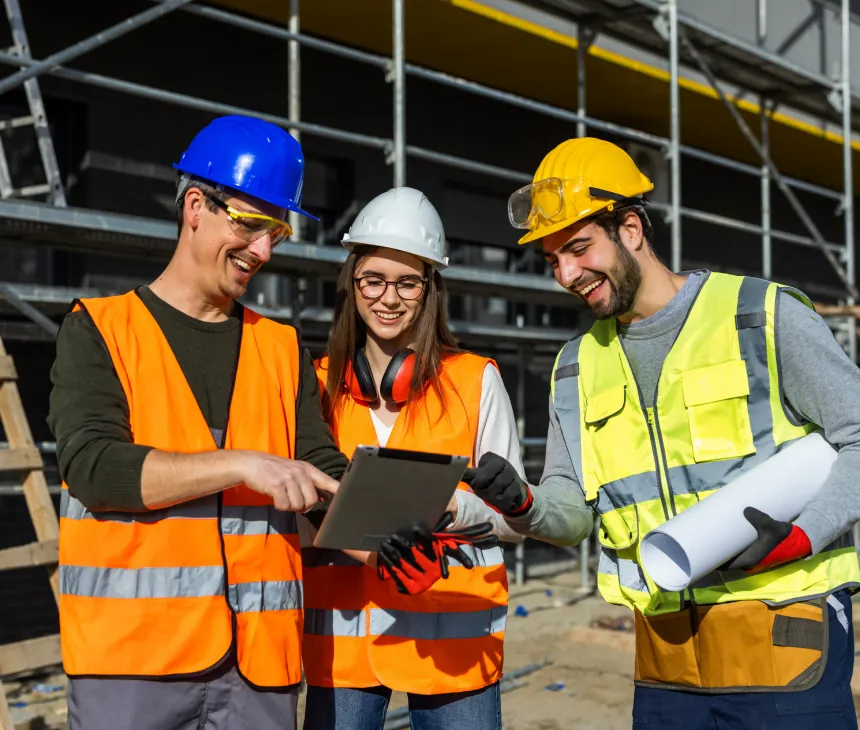 A site team in high-visibility vests checking a tablet under scaffolding
