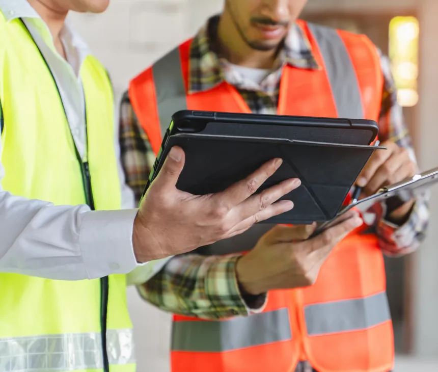 A worker in a high-visibility vest holding a rugged tablet