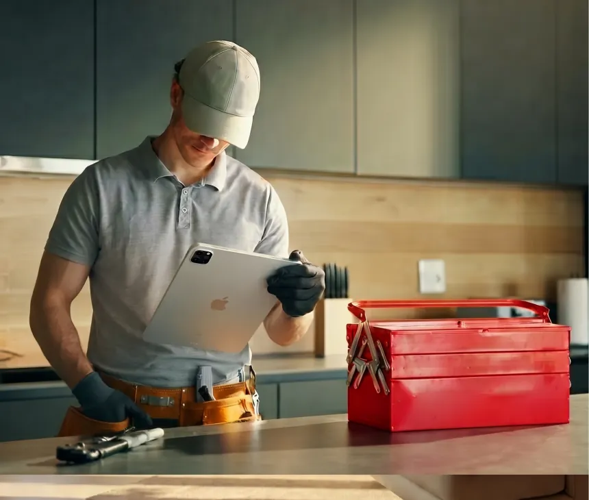 A technician working from a laptop and open toolbox on a worktop