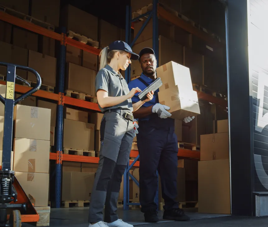 Two warehouse workers checking a tablet while handling a carton