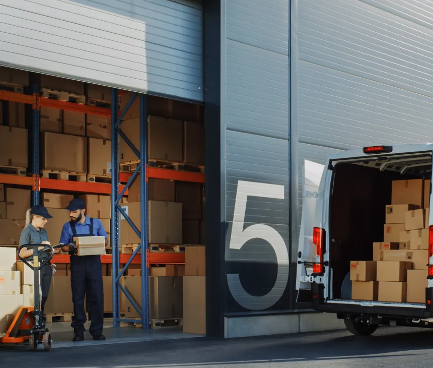 A delivery van being loaded at a warehouse door