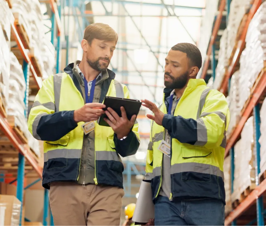 Two workers in high-visibility jackets checking a tablet in a warehouse aisle
