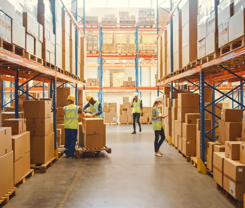 A wide warehouse aisle lined with racked pallets