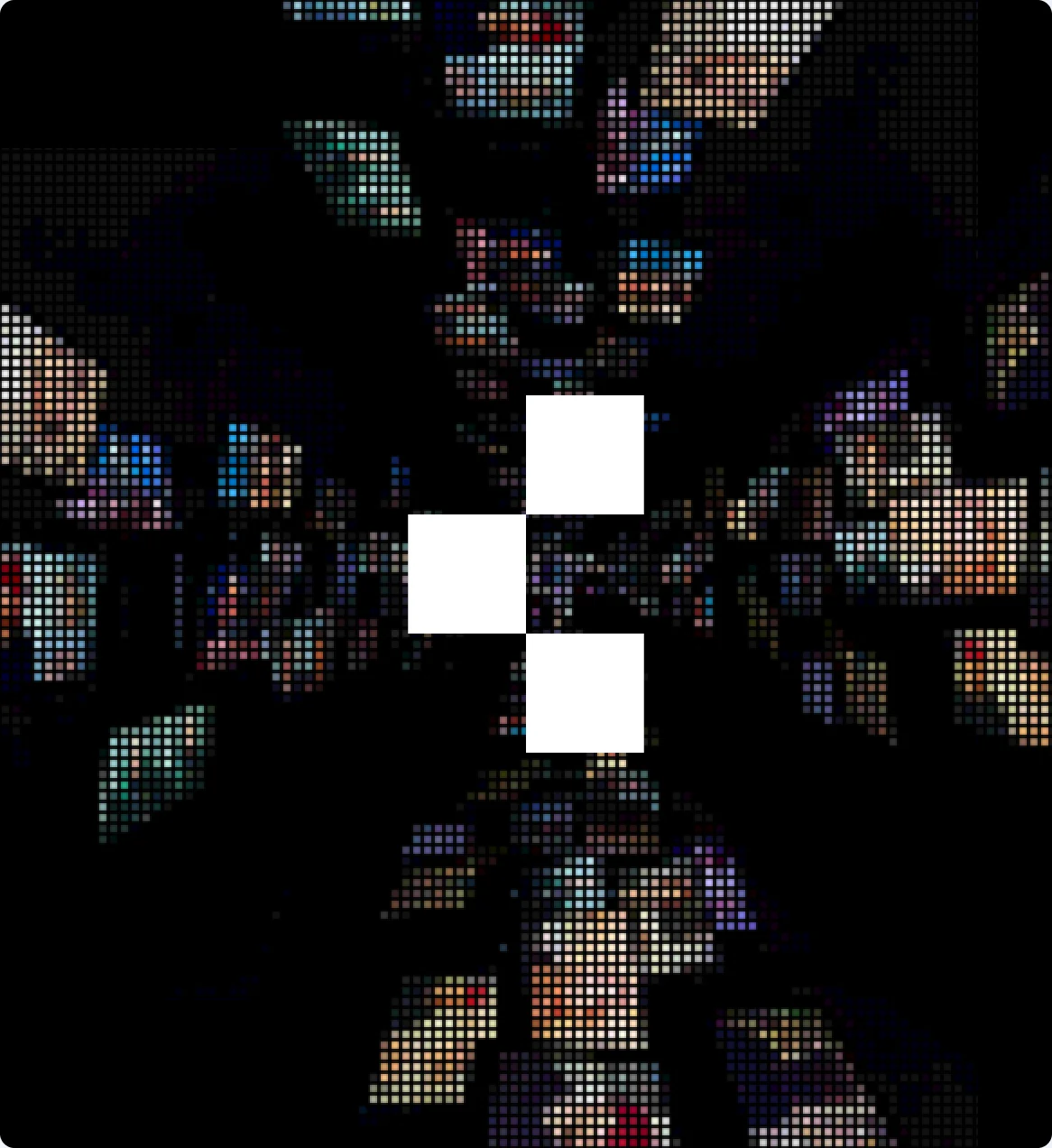 An abstract dark mosaic of coloured pixels with the Creative Chaos mark at its centre