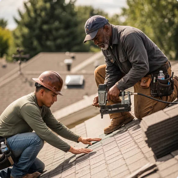 Two roofers on a shingled roof, one using a nail gun while the other steadies the panel