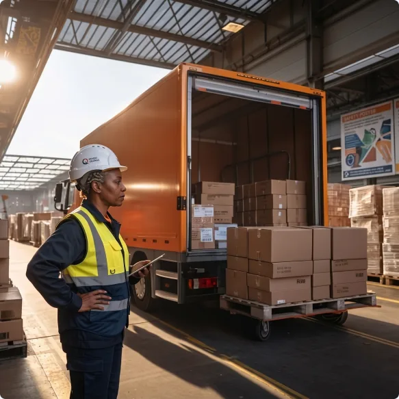 A dock worker in a hard hat and high-visibility vest beside an open truck loaded with palletised cartons