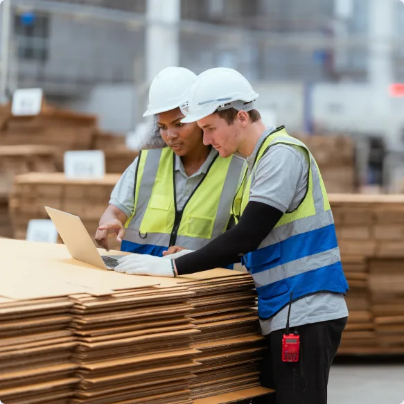 Two warehouse workers in hard hats and high-visibility vests reviewing a laptop beside stacks of flat-packed cardboard